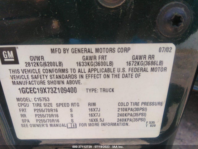 2003 CHEVROLET SILVERADO 1500 LS VIN: 1GCEC19X73Z109400