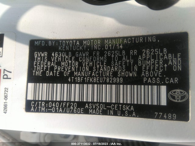 2014 TOYOTA CAMRY L/LE/XLE/SE/SE SPORT VIN: 4T1BF1FK8EU782999