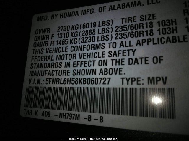 2019 HONDA ODYSSEY EX VIN: 5FNRL6H58KB060727
