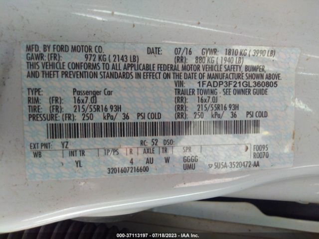 1FADP3F21GL360805 Ford FOCUS SE