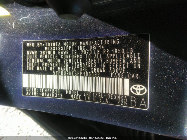2015 TOYOTA COROLLA L/LE/S/S PLUS/LE PLUS VIN: 5YFBURHE5FP186599