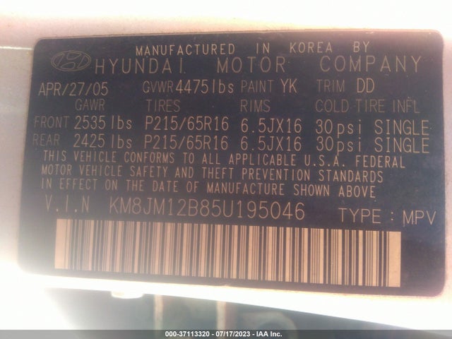 2005 HYUNDAI TUCSON GL VIN: KM8JM12B85U195046