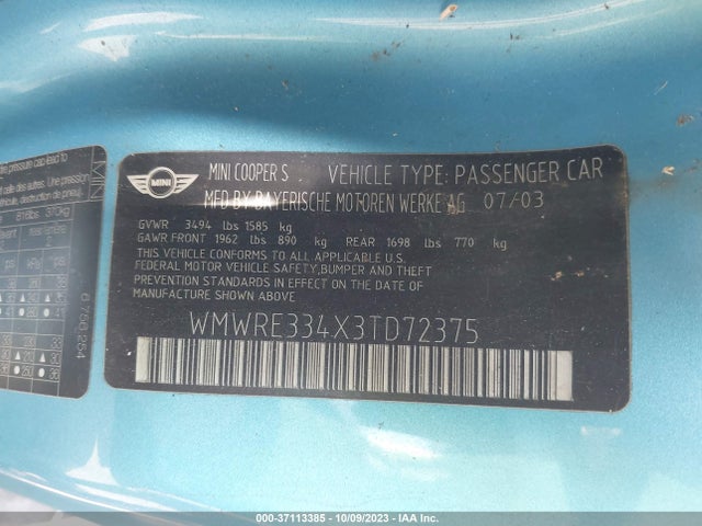 2003 MINI COOPER HARDTOP WMWRE334X3TD72375 Photo 8