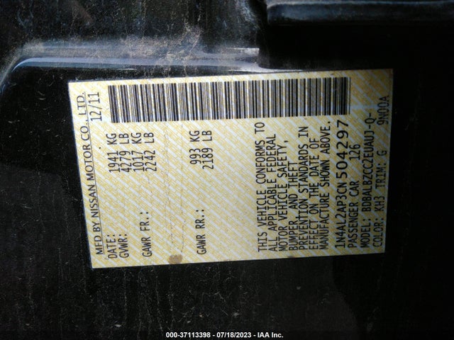 2012 Nissan Altima 2.5 S მანქანა იყიდება აუქციონზე, vin: 1N4AL2AP3CN504297, აუქციონის ნომერი: 37113398