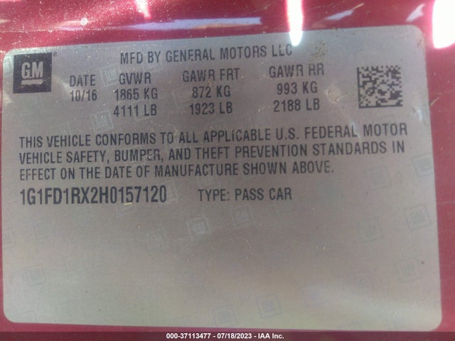 Chevrolet Camaro 2lt 2017 1G1FD1RX2H0157120 Image 10