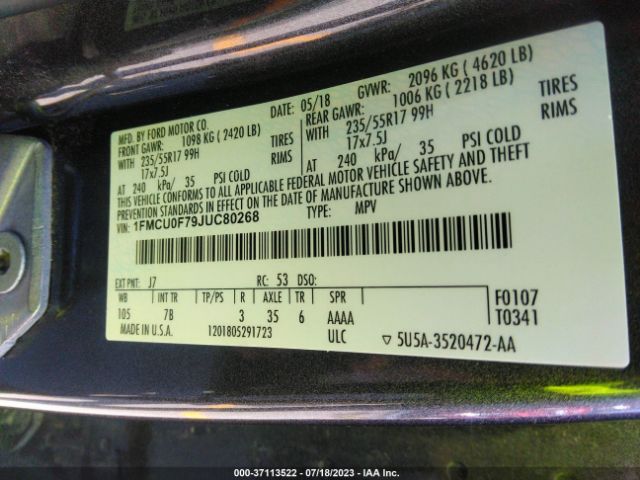 1FMCU0F79JUC80268 Ford ESCAPE S