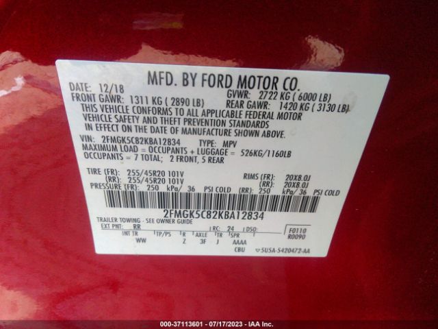 2FMGK5C82KBA12834 Ford FLEX SEL