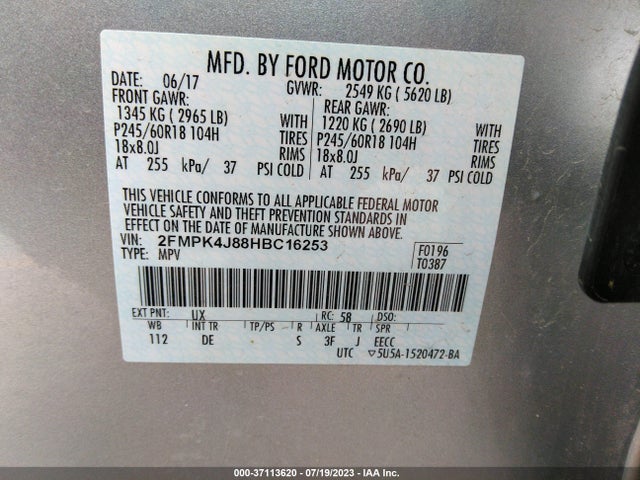 2017 FORD EDGE SEL VIN: 2FMPK4J88HBC16253