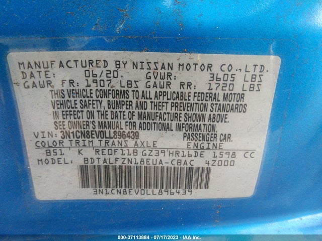 2020 NISSAN VERSA SV VIN: 3N1CN8EV0LL896439