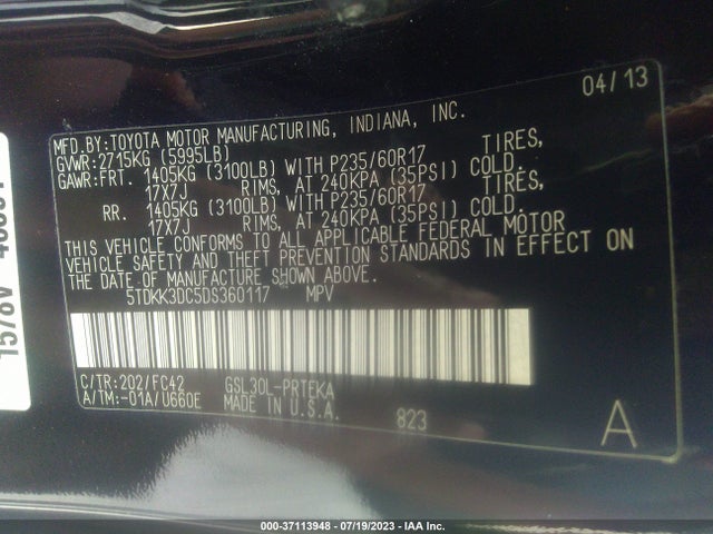2013 TOYOTA SIENNA LE VIN: 5TDKK3DC5DS360117