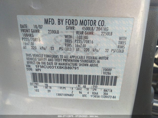 2008 FORD ESCAPE XLT VIN: 1FMCU031X8KB89791