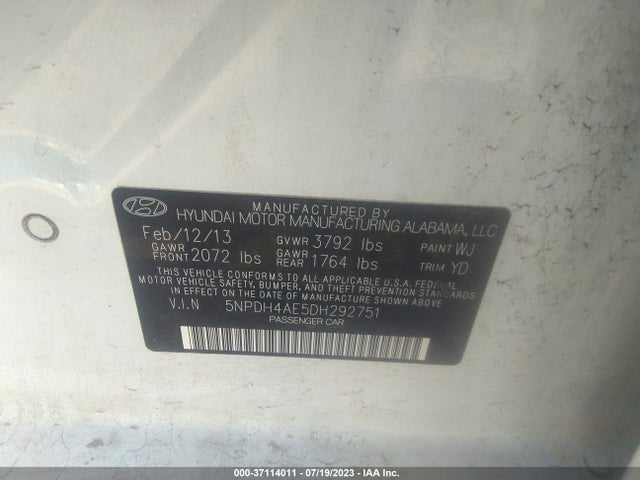2013 HYUNDAI ELANTRA GLS VIN: 5NPDH4AE5DH292751