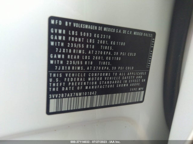 3VV2B7AX7NM101842 Volkswagen TIGUAN SE