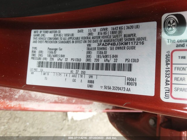 2019 FORD FIESTA SE VIN: 3FADP4BJ3KM117216