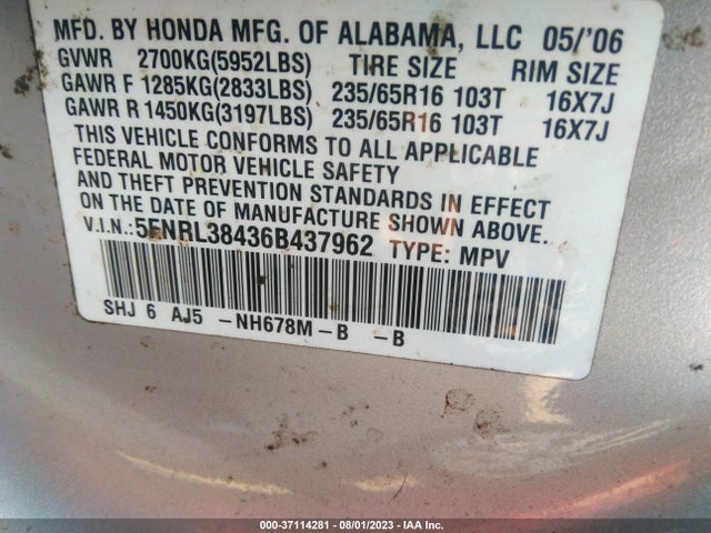 2006 HONDA ODYSSEY EX VIN: 5FNRL38436B437962