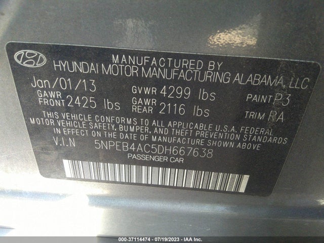 2013 HYUNDAI SONATA GLS VIN: 5NPEB4AC5DH667638