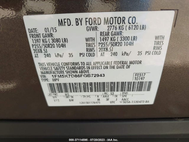 Ford EXPLORER XLT 2015 1FM5K7D86FGB72943 Image 9