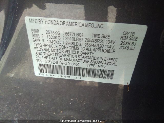 5J8YD4H89KL003460 Acura Mdx W/advance Pkg