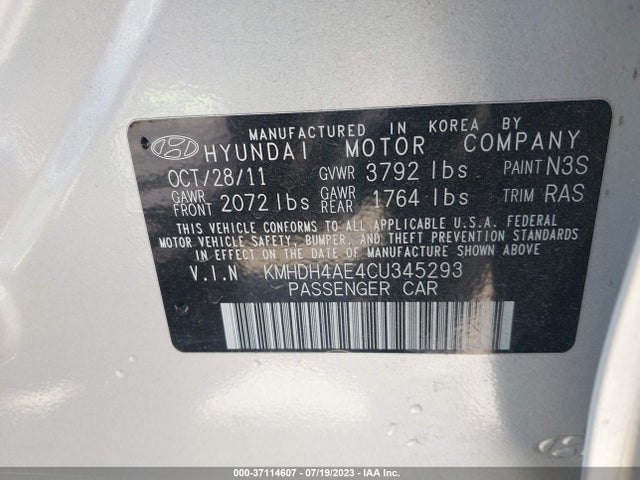 2012 HYUNDAI ELANTRA GLS PZEV VIN: KMHDH4AE4CU345293
