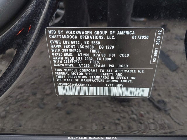 1V2WP2CA8LC501158 Volkswagen Atlas 2.0t Se W/technology
