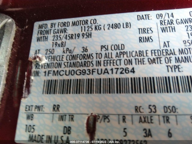 Ford ESCAPE SE 2015 1FMCU0G93FUA17264 Image 15