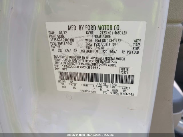 2012 FORD ESCAPE XLT VIN: 1FMCU9DG0CKB91632