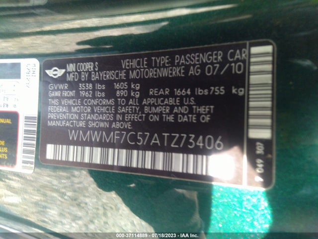 2010 MINI COOPER S WMWMF7C57ATZ73406 Photo 8