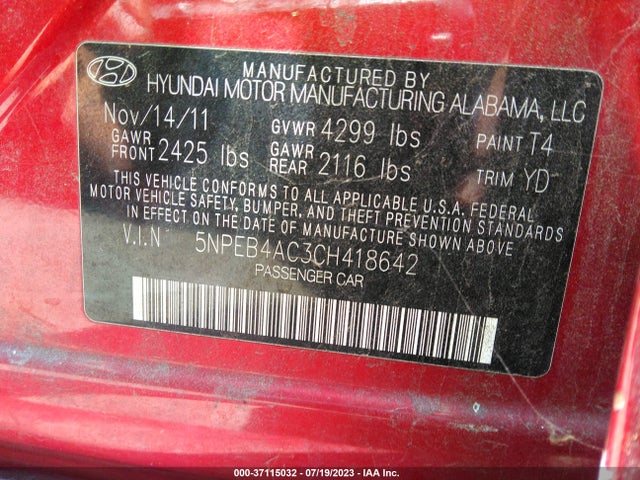 2012 HYUNDAI SONATA GLS PZEV VIN: 5NPEB4AC3CH418642