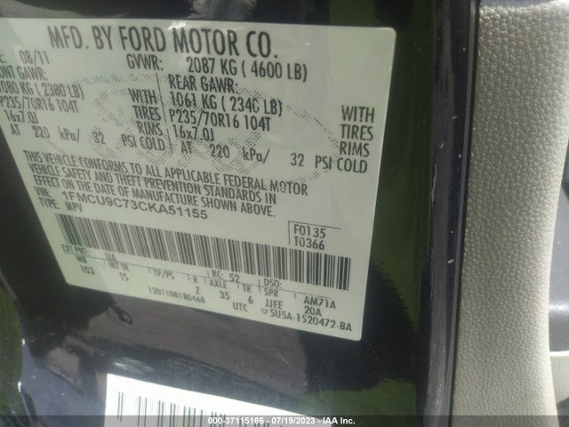 2012 FORD ESCAPE XLS VIN: 1FMCU9C73CKA51155