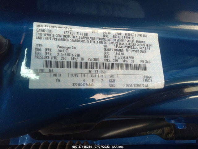 2018 FORD FOCUS SE VIN: 1FADP3FE5JL321846