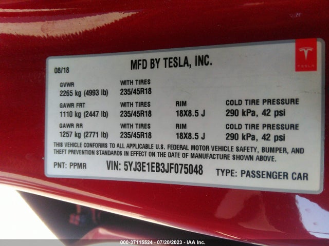 5YJ3E1EB3JF075048 Tesla Model 3 Long Range Battery