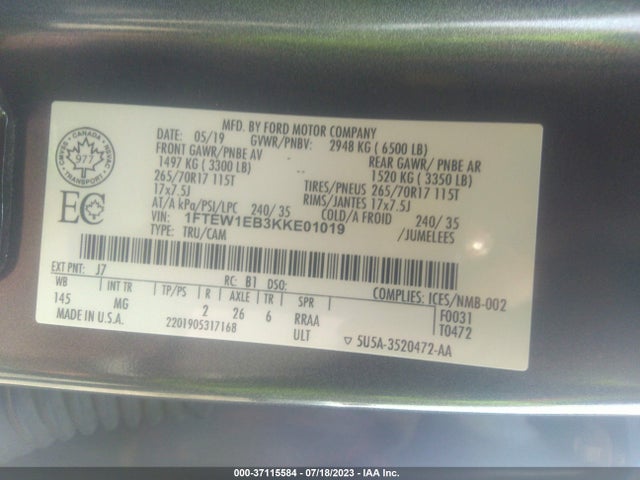 2019 FORD F-150 XLT VIN: 1FTEW1EB3KKE01019