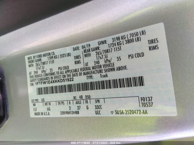 1FTFW1E4XKKD51922 Ford F-150 Xl/xlt/lariat