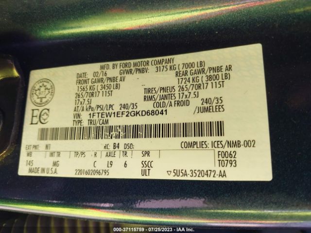 1FTEW1EF2GKD68041 Ford F-150 Xlt/xl/lariat/platinum