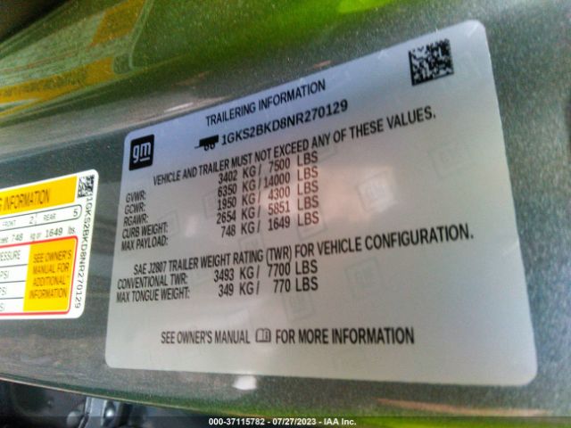 1GKS2BKD8NR270129 GMC YUKON SLT