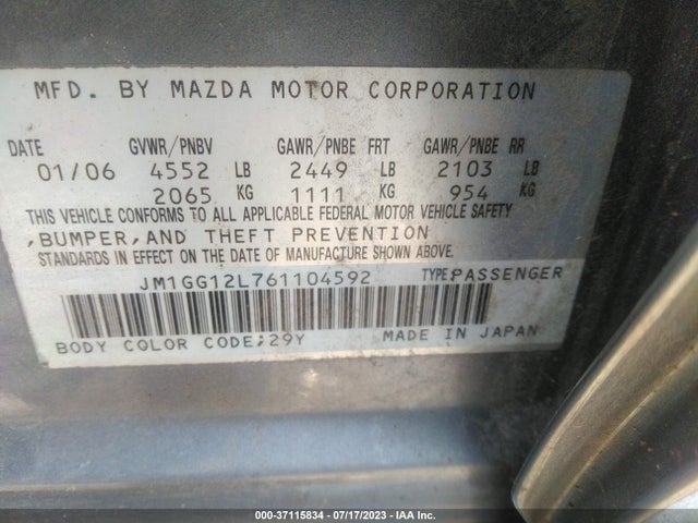 2006 MAZDA MAZDA6 GRAND TOURING MAZDASPEED VIN: JM1GG12L761104592