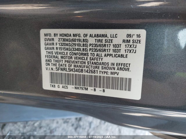Honda ODYSSEY SE 2016 5FNRL5H34GB142681 Image 9