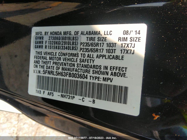 Honda Odyssey Ex-l 2015 5FNRL5H63FB003604 Image 9