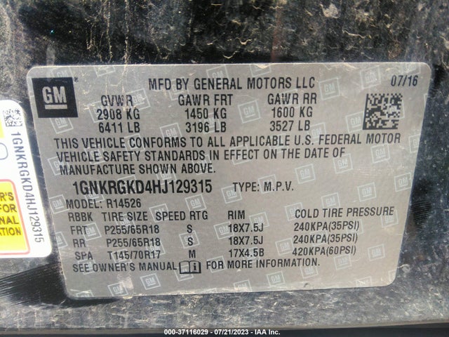 Chevrolet Traverse 1lt 2017 1GNKRGKD4HJ129315 Image 9