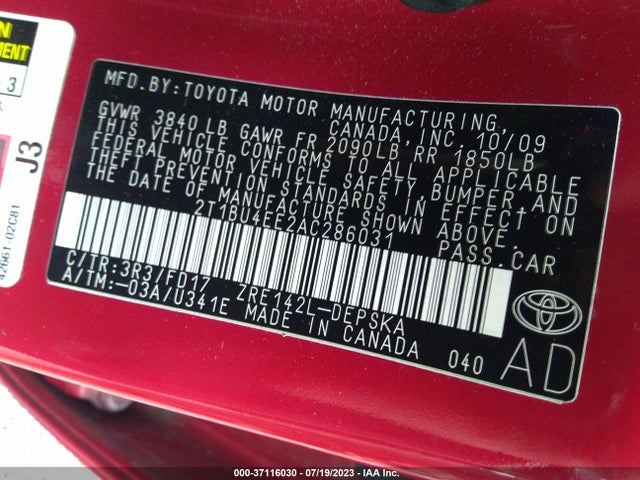 2010 TOYOTA COROLLA S VIN: 2T1BU4EE2AC286031