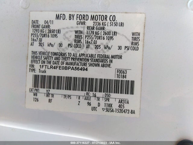 2011 FORD RANGER XLT/SPORT VIN: 1FTLR4FE0BPA56494