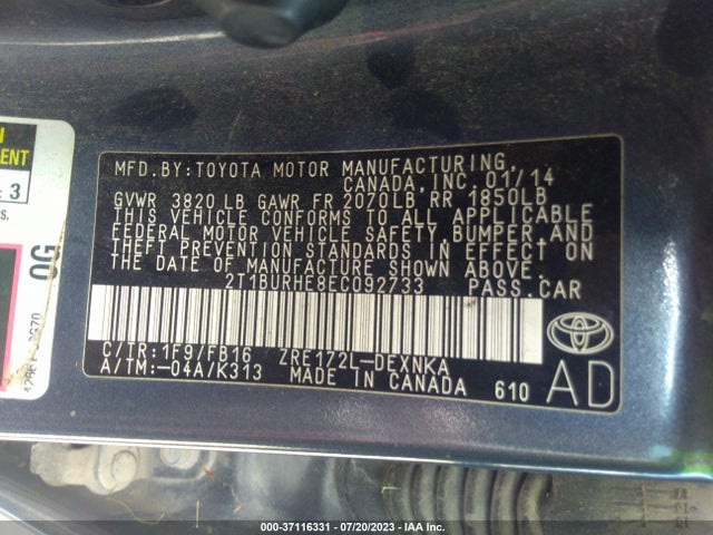Toyota Corolla L/le/s/s Plus/le Plus 2014 2T1BURHE8EC092733 Image 9