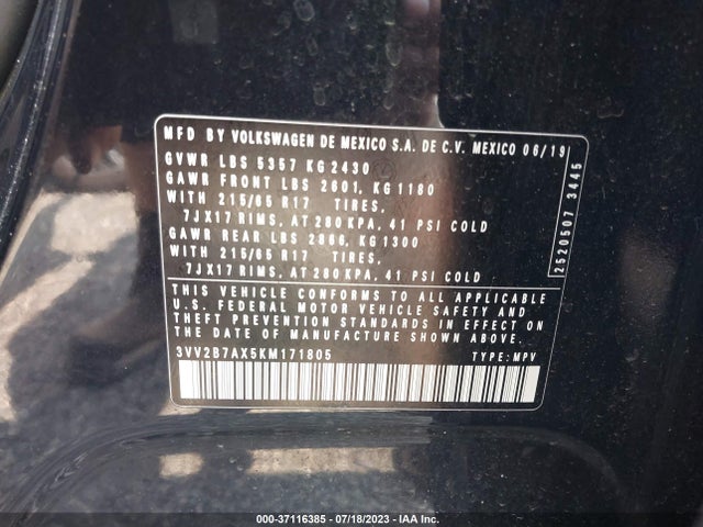 2019 VOLKSWAGEN TIGUAN SE VIN: 3VV2B7AX5KM171805