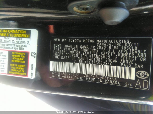 2011 TOYOTA COROLLA L/LE/S VIN: 2T1BU4EE1BC593840