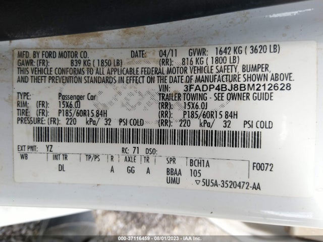2011 FORD FIESTA SE VIN: 3FADP4BJ8BM212628