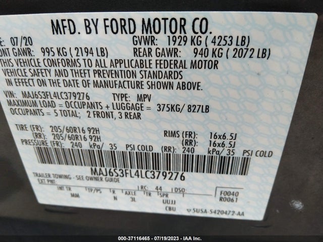 2020 FORD ECOSPORT S VIN: MAJ6S3FL4LC379276