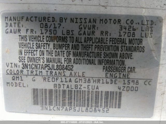 3N1CN7AP5JL808452 Nissan Versa Sedan Sv