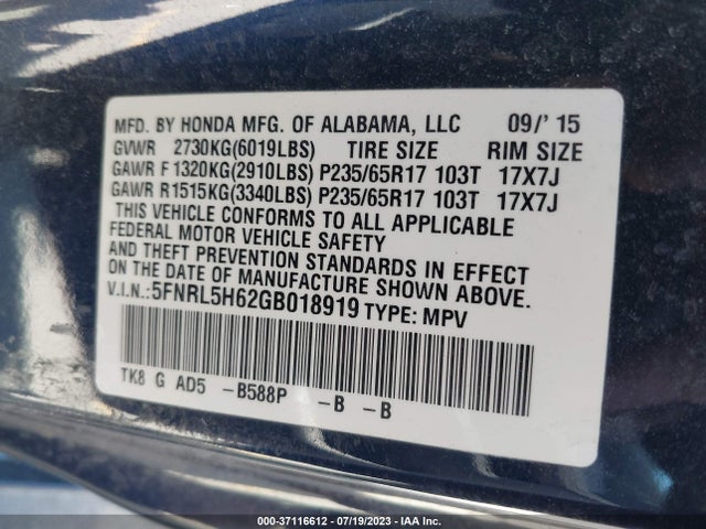 2016 HONDA ODYSSEY EX-L VIN: 5FNRL5H62GB018919