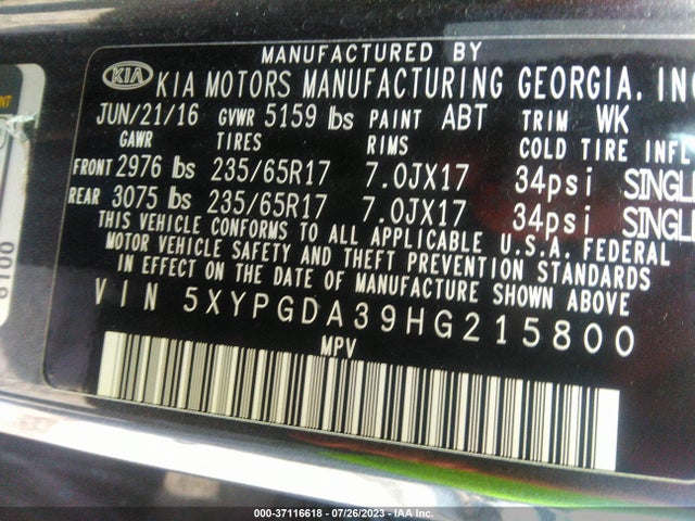 KIA SORENTO LX 2017 5XYPGDA39HG215800 Image 9