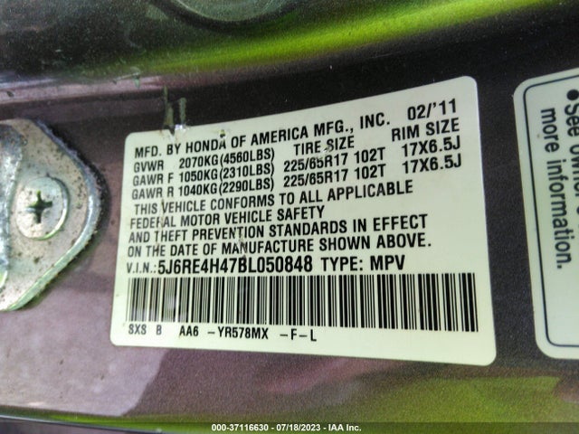 2011 HONDA CR-V SE VIN: 5J6RE4H47BL050848